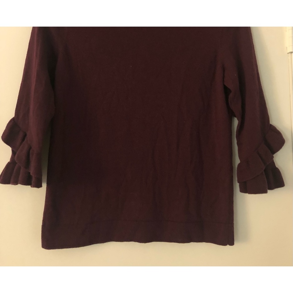 Talbots merino wool maroon sweater with scoop neck and ruffled 3/4 sleeves.